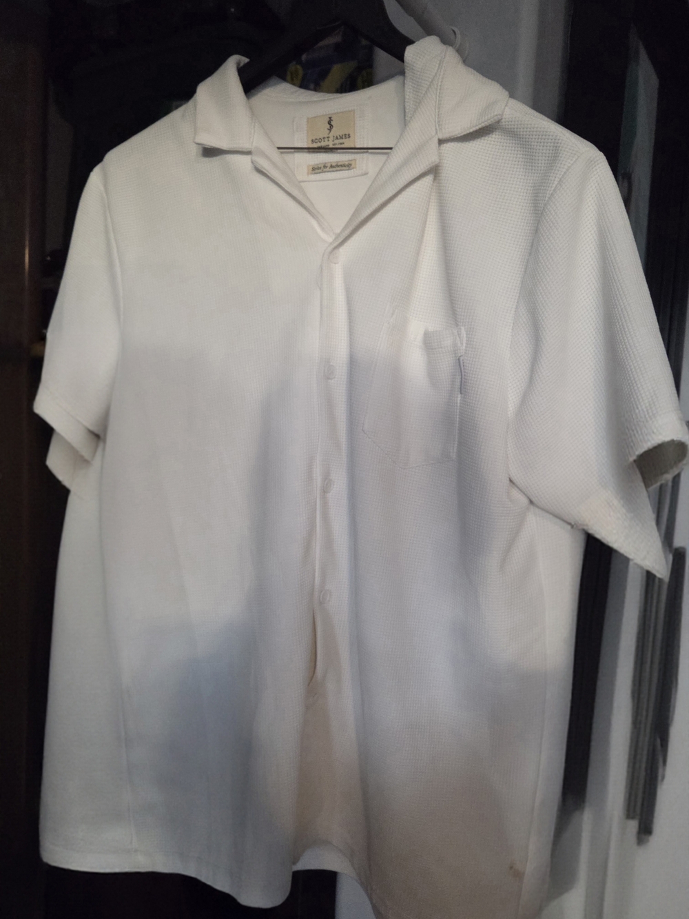 Scott James Men’s White Short-Sleeve Button Shirt Camp Collar
